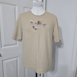 VTG 90s Teddi Beige Embroidered Cat T-Shirt Size XL Grandmacore Cottagecore